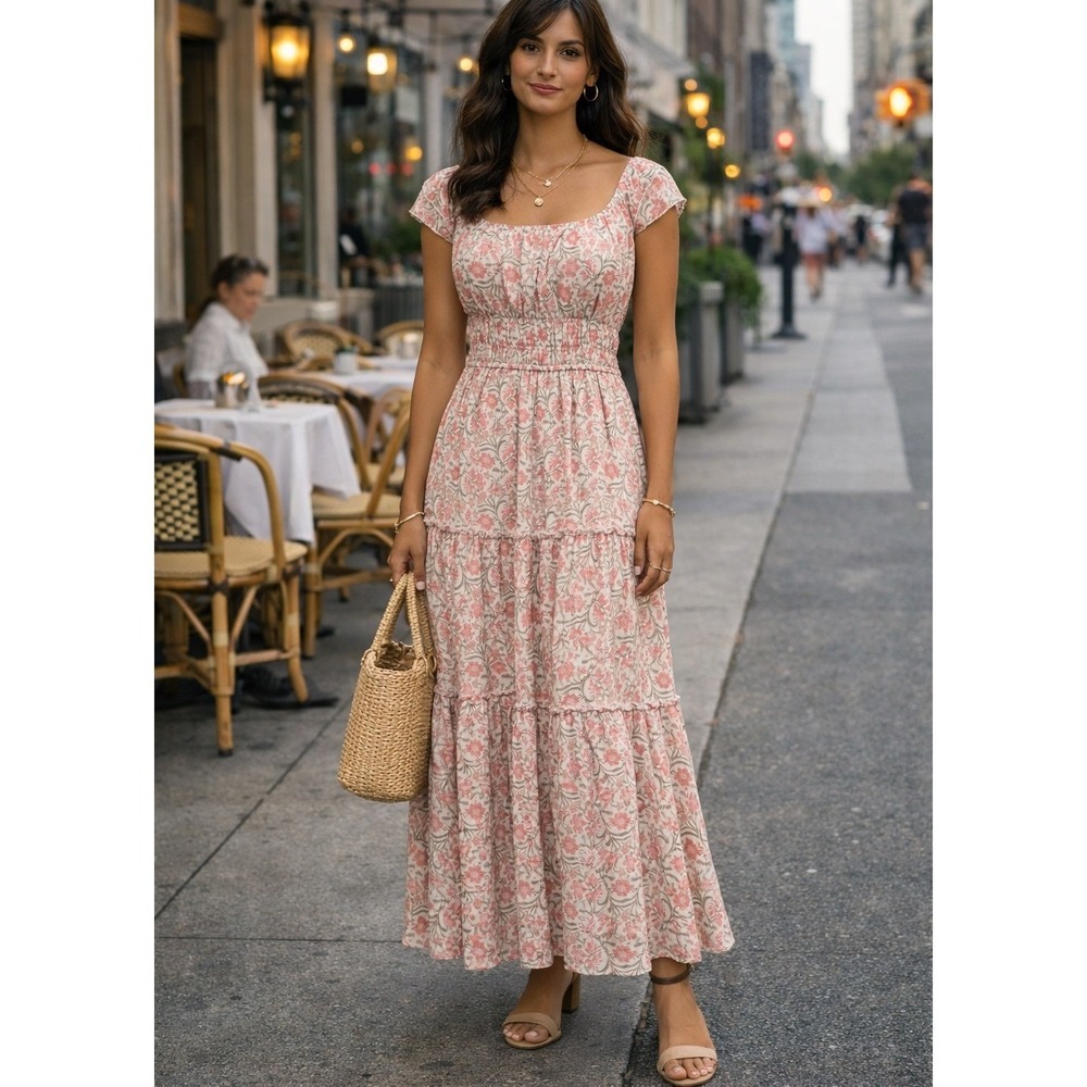 Trixxi Floral Chiffon Smocked Tiered Maxi Dress Milkmaid Prairie Casual S
